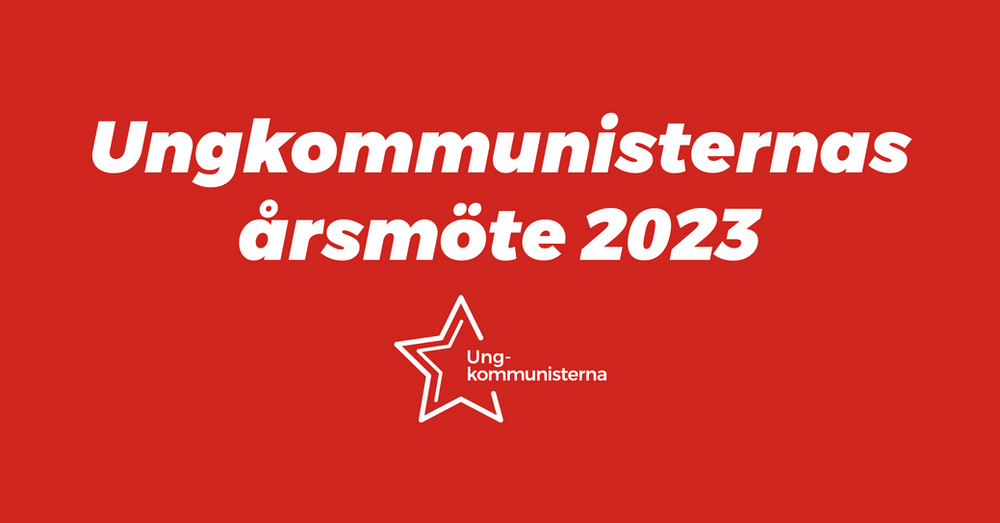 Punainen taustaväri, jonka päällä valkoinen teksti: 'Komnuorten vuosikokous 2023' ja Kommunistinuorten valkoinen logo.