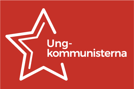 Ungkommunisternas logotyp på den röd bakgrund.
